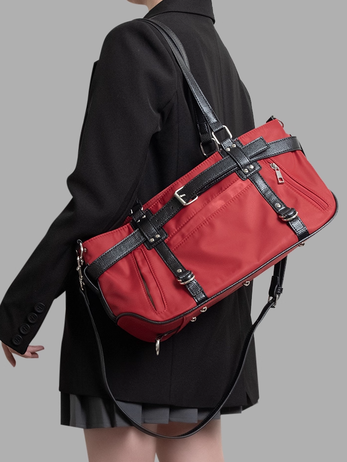 Red Medium-Sized Tote Bag with Sweet and Edgy Belt Accents Charming