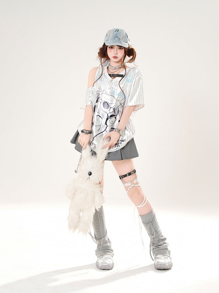 Satin Anime Girl Print Cutout Shoulder T-shirt White Pattern Striped V-neck