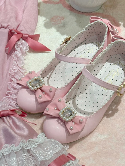 ジェーンズ ボウノット ラインストーン装飾 ラウンド メアリー ロリータ ディテール ビーズトゥ ピンク