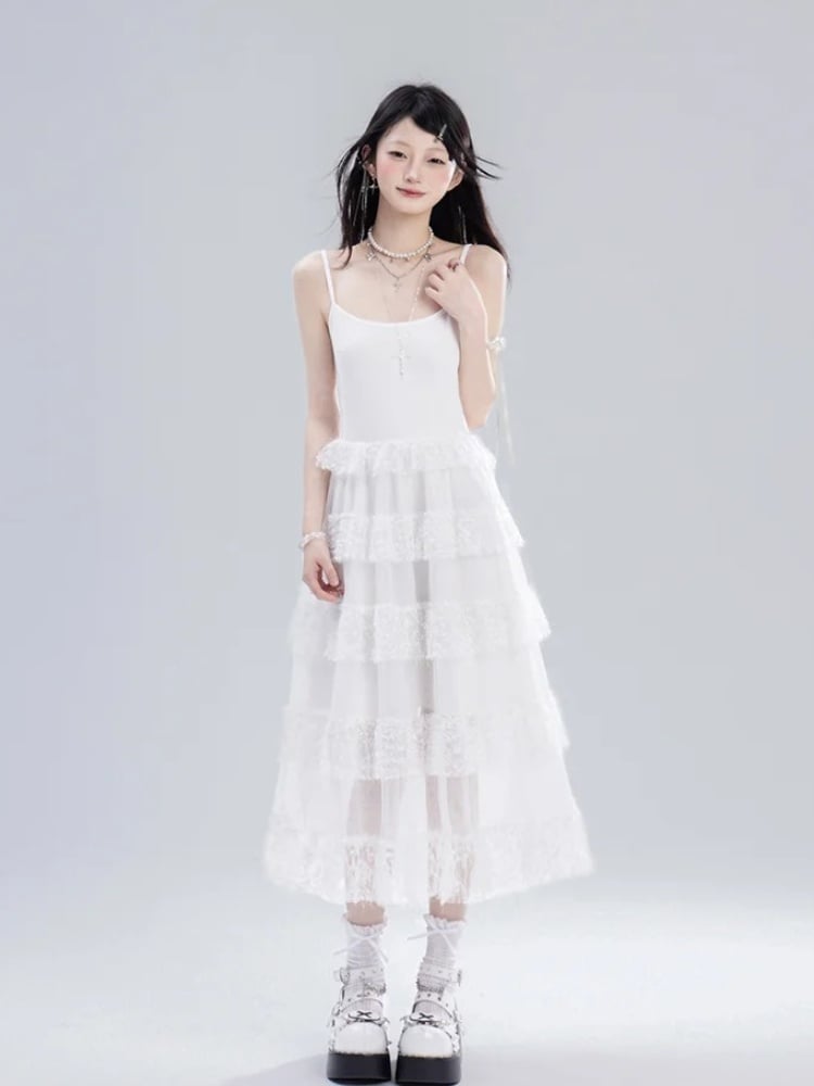 Rock Cami Kleid Taille Kette Süße Weiße Spitze Tiered Frei mit