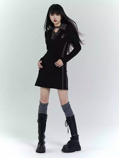 Gothic Black Short Version Dress with Lace-up Detail at Front