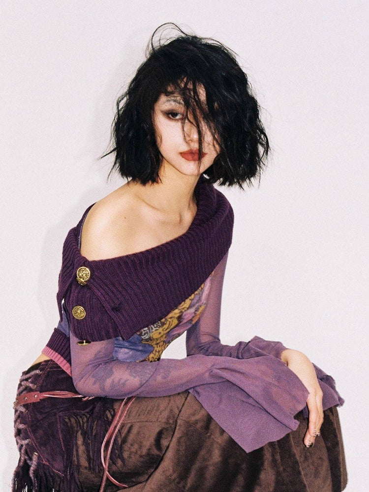 Sleeve Collar Floral - Accent Bell Knitted Top Purple Deep Print