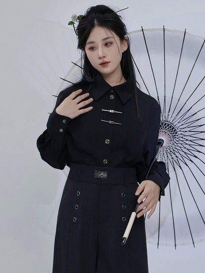 Metal Frog Button Accent Pleated Accordion Shirt in Black with Long Sleeves - Feng Hua Gui Guo Ling
