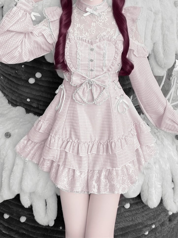 Pink Gingham Ryousangata Floral Lace Dress Set with Shorts, Bow Tie, Bead Chain & Hairclips - Jiuniang Cherry