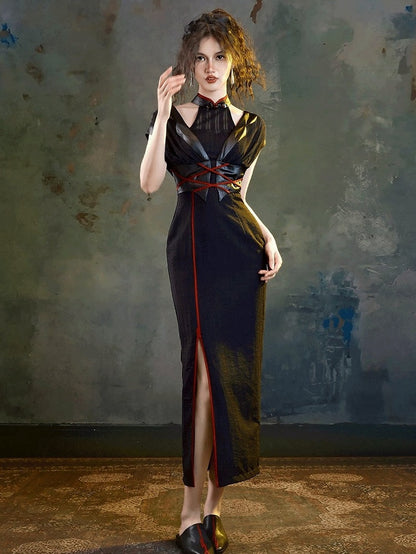 Red Lace-up Detail Knee-high Slit Dress with Detachable Padded Cups - sijinstudio