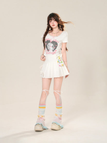 Rock mit Akzenten Charm JK Uniform Weiß Hohe freie Taille Bowknot