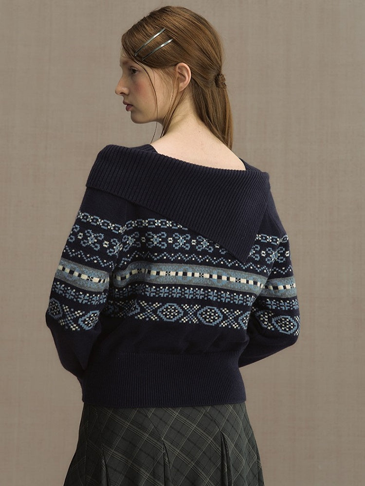 Gray/Blue Asymmetric Off-Shoulder Knit Sweater with Jacquard Details
