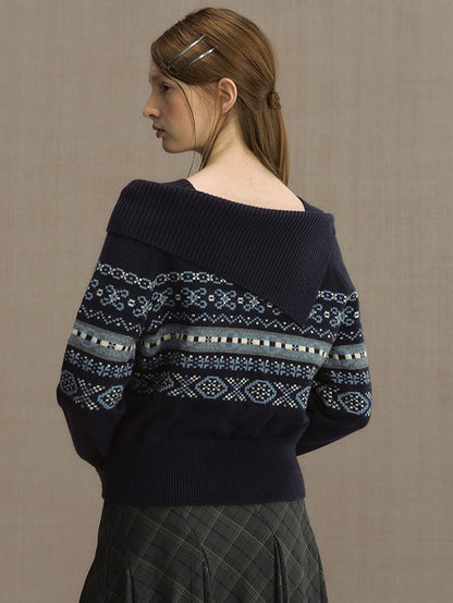 Gray/Blue Asymmetric Off-Shoulder Knit Sweater with Jacquard Details