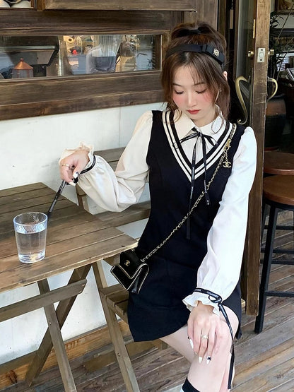 Black Fake Two Piece Polo Collar Dress with Bow - Qchiwawameme