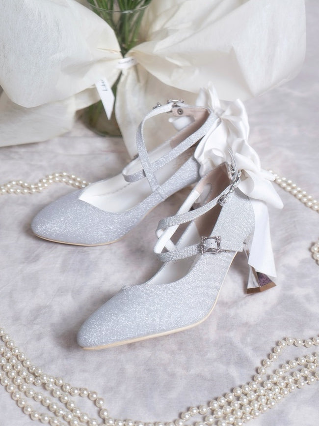 Toe Lolita PU Heels - High Silver Pointed Sparkling