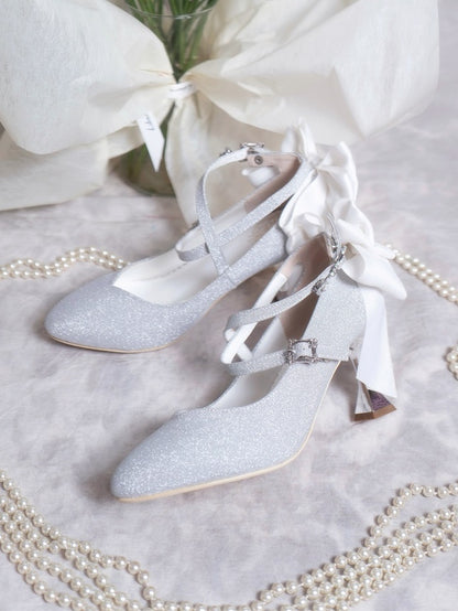 Toe Lolita PU Heels - High Silver Pointed Sparkling