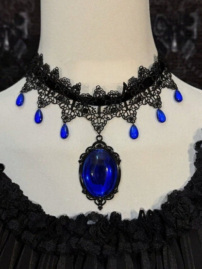 Black Gothic Lace Rhinestone Choker in Two Tones - Boobi Shop