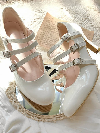 Strap Lolita White Heels Triple with Buckle Elegant Design Polished