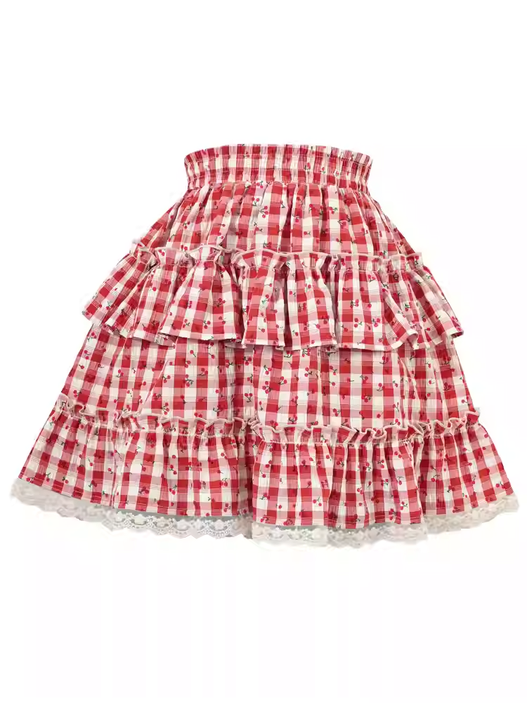 スイートなチェック柄ティアードスカート。レッドのトリム。全体にチェリープリントのレース。