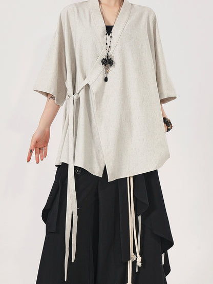 Neckline Short Sleeve Strap with Crossover Light Top Green Self-tie