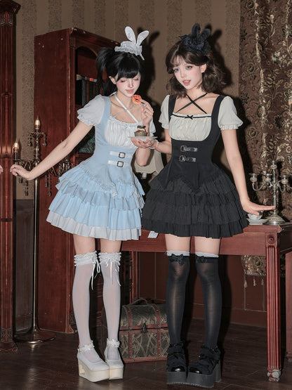 Blue & White Striped OP Dress Set with Necklace and Rabbit Hat - With PUJI