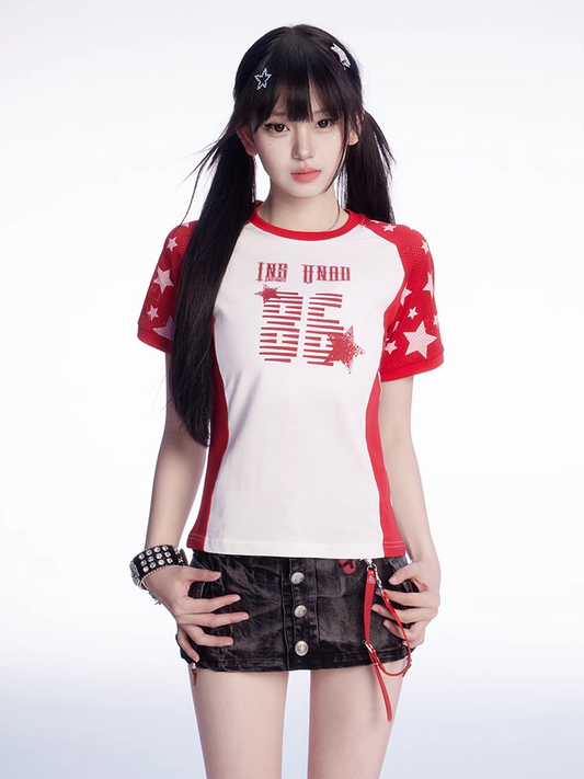 ヴィンテージスタープリントTシャツ 赤と白のカラーブロックデザイン