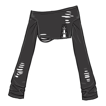 プラスサイズ ブラック ダメージ加工 ホールズ ニット トップス チェーン付き