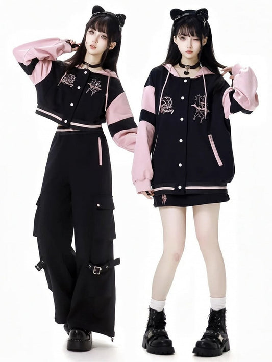 Schwarze und rosa Baseballjacke mit Kapuze, kurze/lange Version