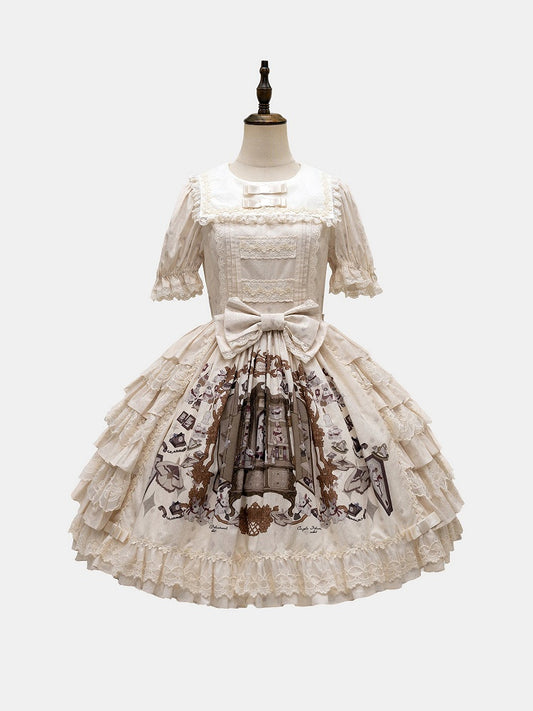 Beige and Brown Bunny Print Round-Neck Lace Ruffle Dress - NnSTAR