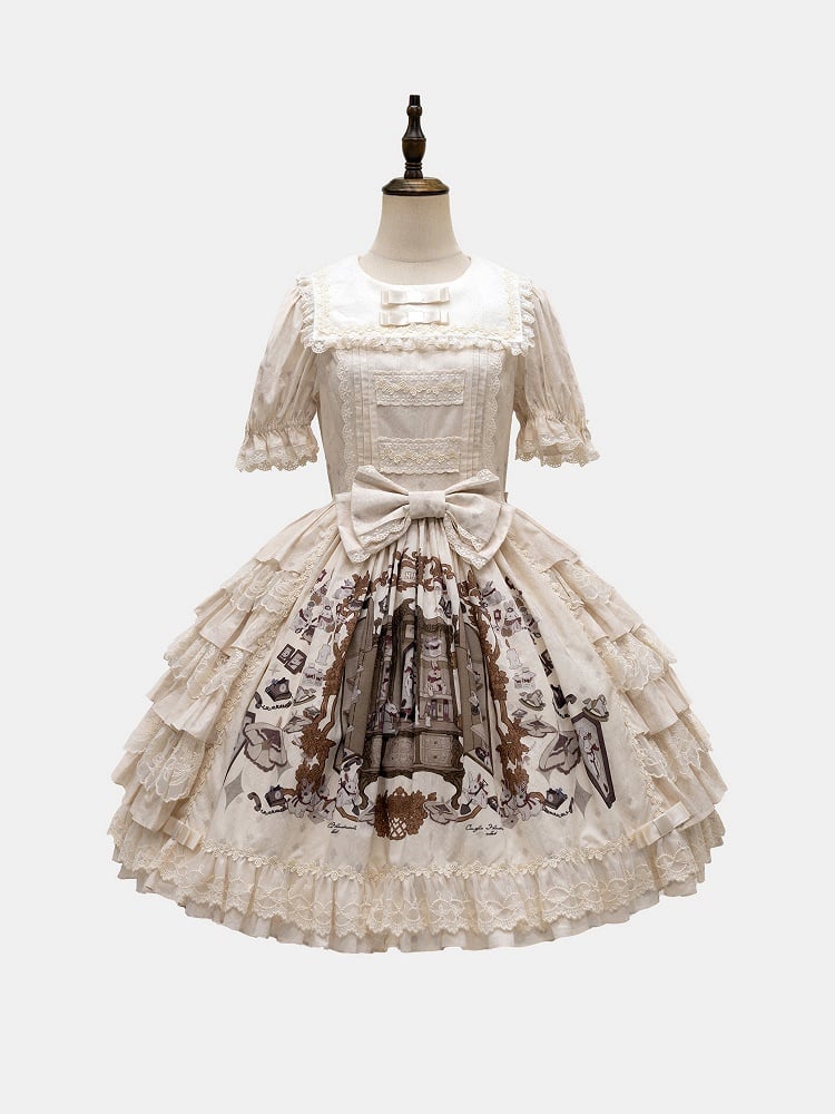 Bunny Print Lace Ruffle Dress with Round Neck - NnSTAR