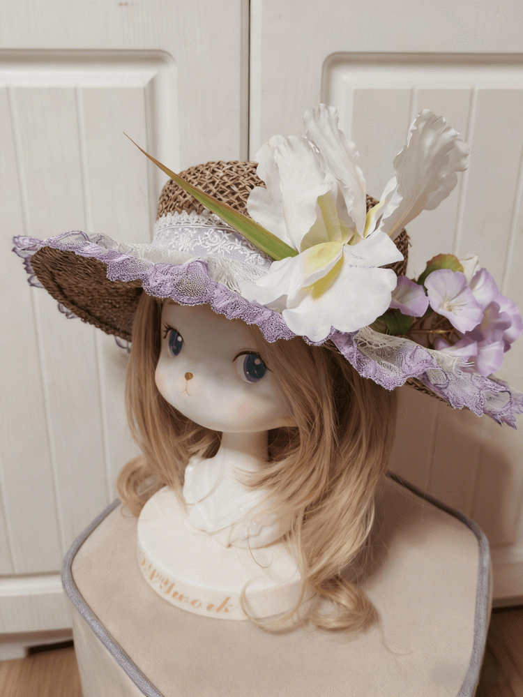 2 Lace Cluster Options Detail White-Purple Hat Straw Lolita Floral