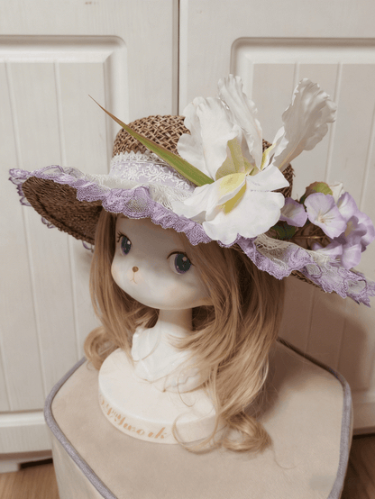 2 Lace Cluster Options Detail White-Purple Hat Straw Lolita Floral