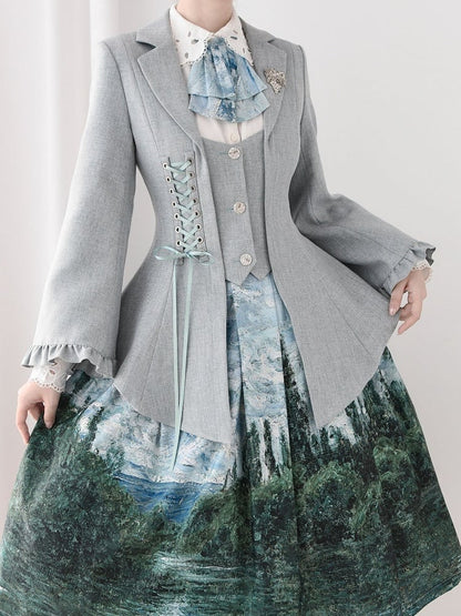 Gray-Blue Retro Elegant Lace-Up Blazer