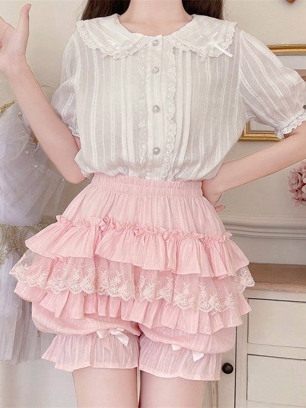 Bow Details Ruffle Lolita Cute with Lace Bloomers Pink Multi-Layer