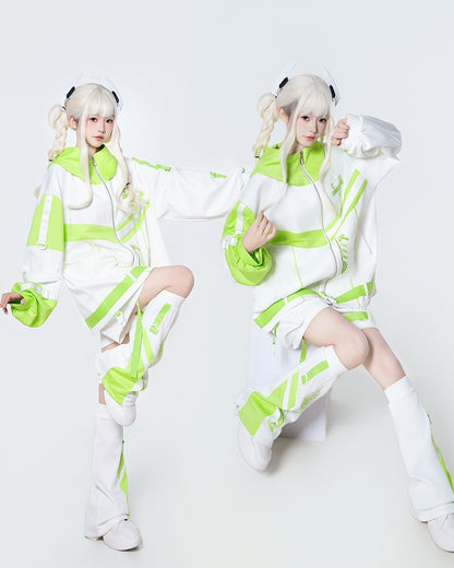 White Futuristic - Jacket in Colorblock Style Green 3-Piece Hooded Set Tech Landmine