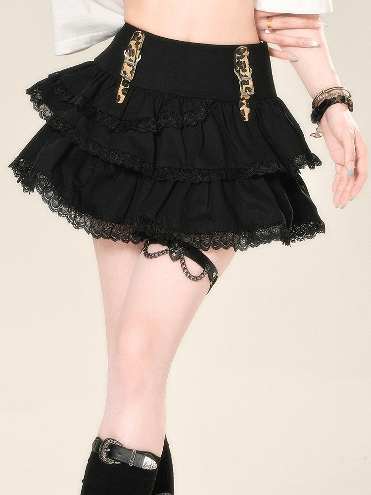 Buckle Glamorous Black Lace Straps Trim Tiered Skirt Leopard