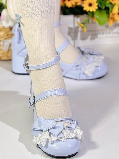 Süße Schnalle mit Schleife Schuhe Janes - Lacework Lolita Details Blue Heart Mary