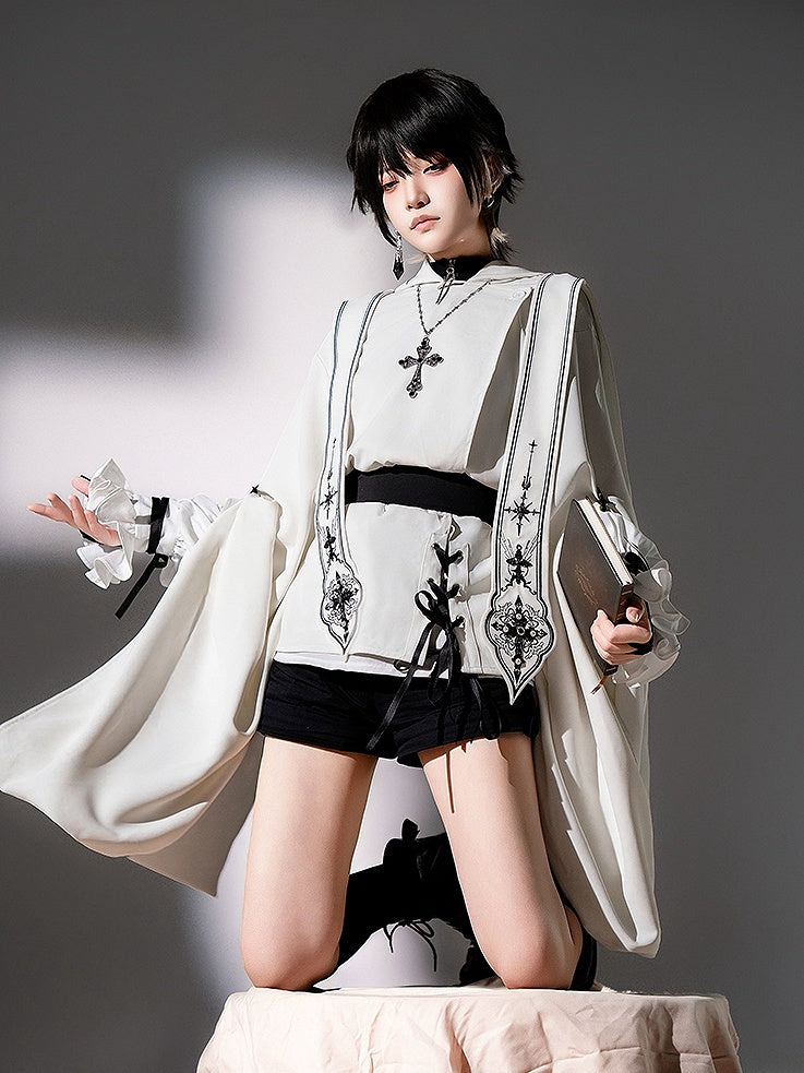 Fashion - Sleeveless Stoles Shorts Shirt + Full Sleeves Top Long Nun Ouji Lolita Hooded White Black Set