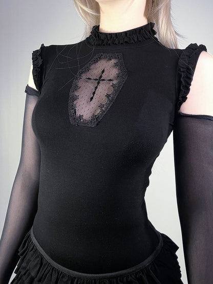 ブラック モックネック 棺型カットアウト ゴシック ノースリーブ トップス