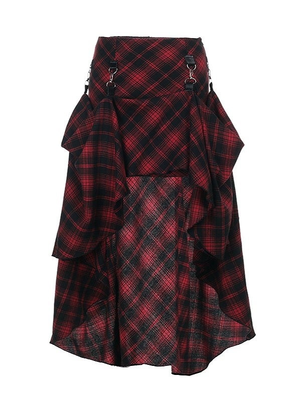 Punk Front with Black Red Plaid Skirt High-Low Hook Halloween Detail