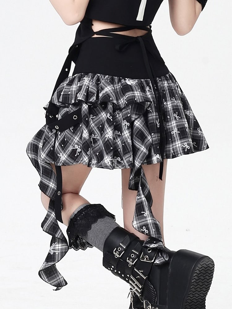 Cascading Ruffles Plaid Butterfly Bittersweet Skirt Metal with BlackWhite