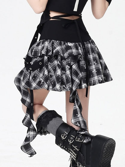 Cascading Ruffles Plaid Butterfly Bittersweet Skirt Metal with BlackWhite
