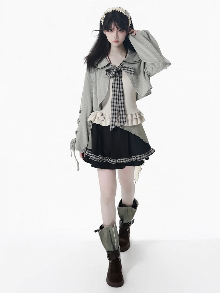 Lace-Up Dusty Set Pan Knit Gray Collar Kei and Cami with Sleeves Beige Peter Cropped Top Mori
