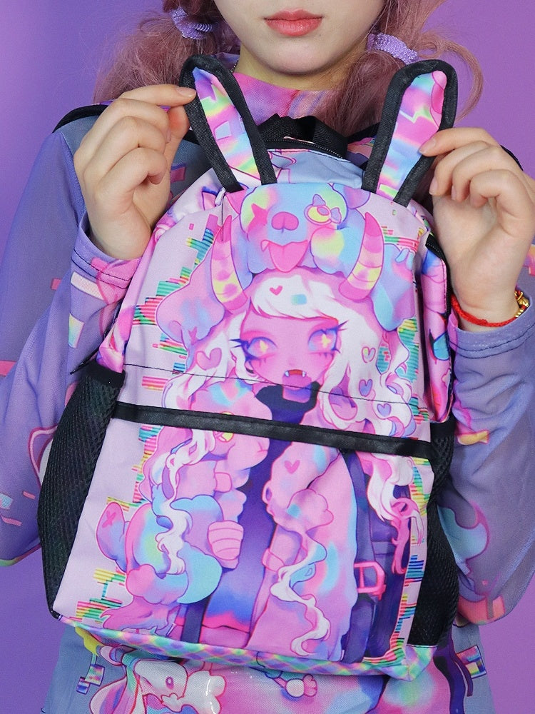 Pink Y2K Backpack with Cartoon Print and Bunny Ear Accents