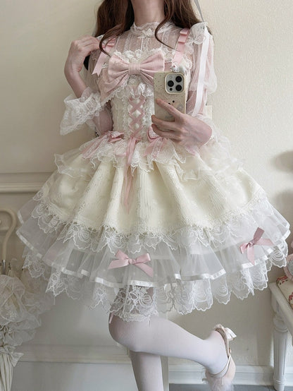 Apricot Bow Lolita Embossed Details with Adorable JSK Lace Princess Dress Jacquard Ruffled