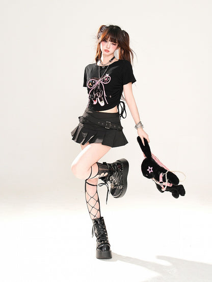 Glamorous Bowknot Schwarz/Gelb/Pink Cropped T-Shirt Kordelzug Taille Akzent