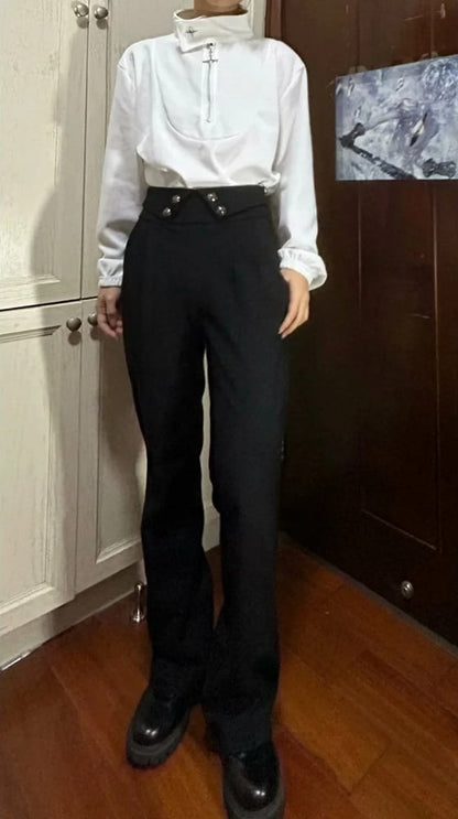 Foldover High Straight-leg Black Lolita Ouji Pants Waist