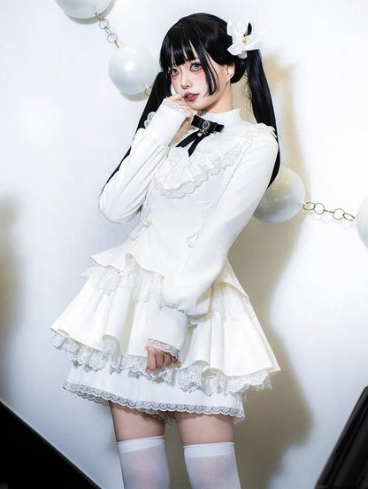 Rüschenträgerkleid Lolita Charm Ausschnitt Weiß Schnürung Kreuz Gothic