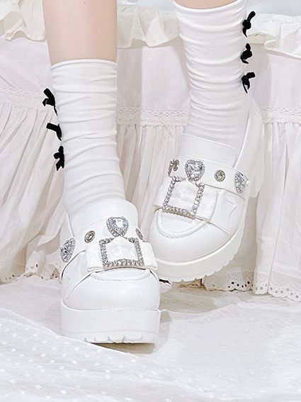Matte White Heart-Shaped Rhinestones Platform Lolita Shoes Slipons
