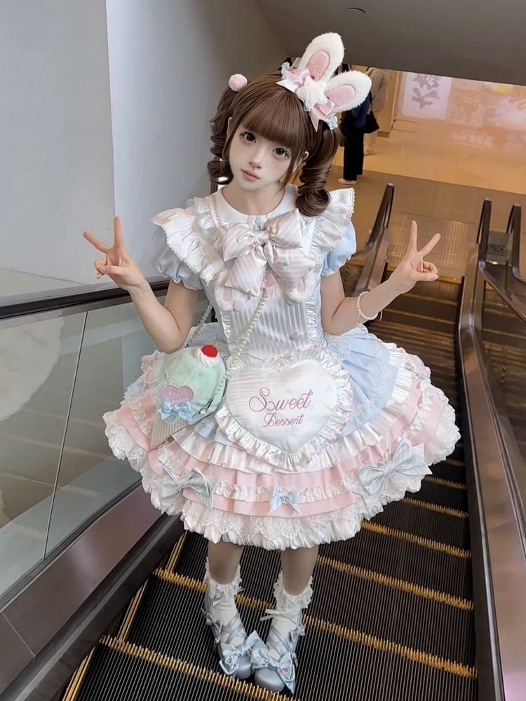 Kleid mit Hasenmotiv und blauen Ärmeln, Dienstmädchen-Puffärmel, süßes Lolita-Rosa