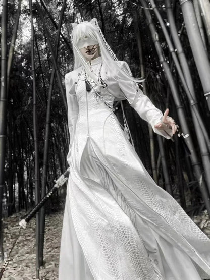 Snakeskin-grain Design Long Unisex Two-Piece Coat False - White Goth