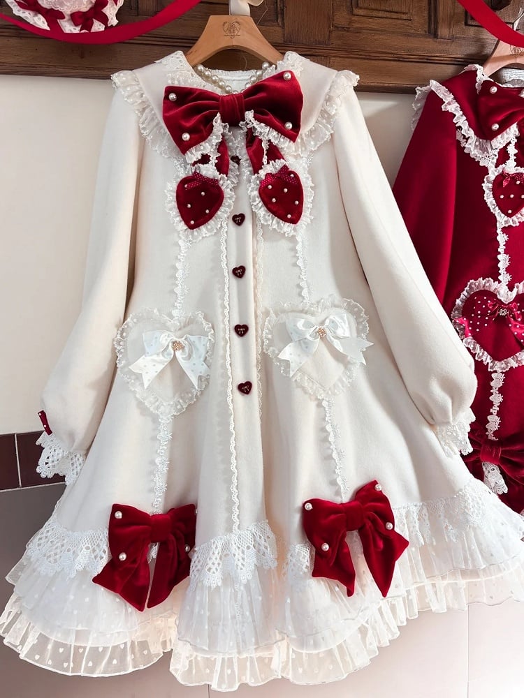 White Red Velvet Lace with and Bows Trim Coat Lolita