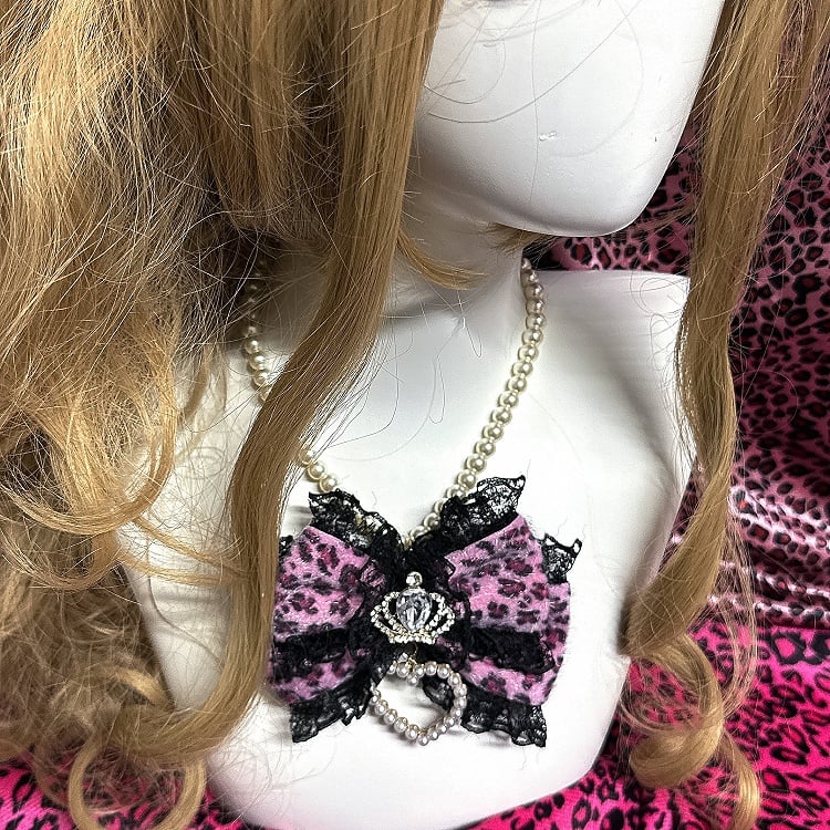 Decorations Colors Leopard 3 Print Heart Bow Gyaru Crown Beaded with Necklace