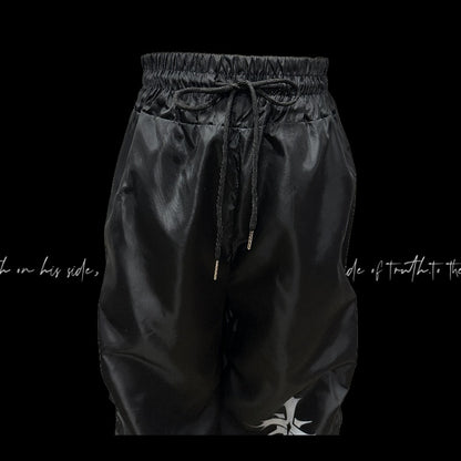 ウエストクロスプリントデザイン ドローストリング ブラック ルーシュ カジュアルパンツ