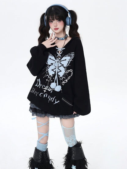 Pattern and Pom-Pom Details V-Neck Balloon Sleeve Knit Sweater with Butterfly Colors | 4